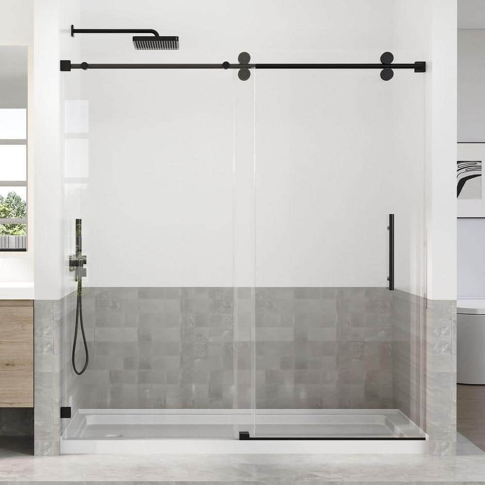 72 in. Black Frameless Sliding Shower Door with Clear Tempered Glass