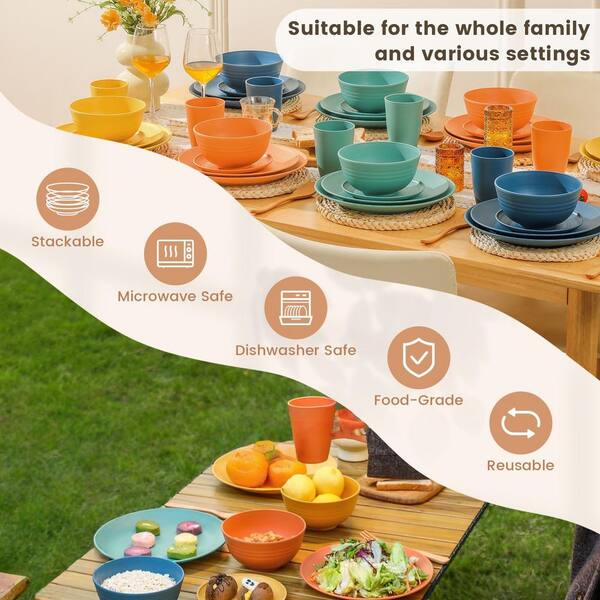 Wudkey 40-Piece Plastic Multicolor Premium Wheat Straw Dinnerware