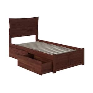Metro Walnut Twin XL Solid Wood Storage Platform Bed with Flat Panel Foot Board and 2 Bed Drawers