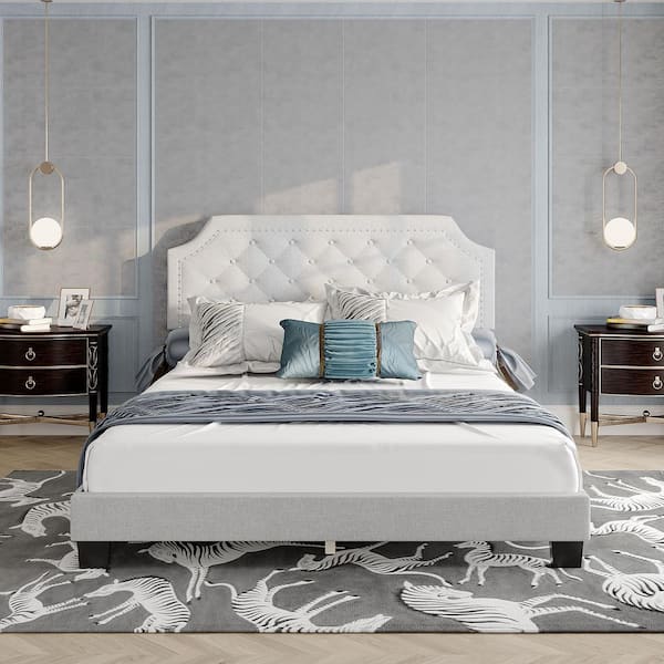 Light Gray Upholstered Frame Queen Platform Bed with Tall Headboard, Sturdy Slat Support