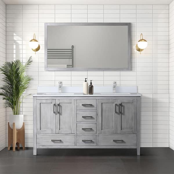 Lexora Jacques 60 in. W x 22 in. D Distressed Grey Bath Vanity, Cultured Marble Top, Faucet Set, and 58 in. Mirror