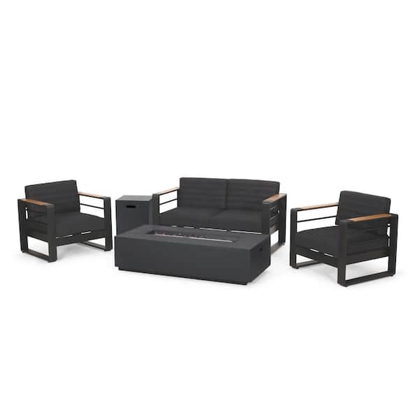 Noble House Negley 5-Piece Aluminum Outdoor Patio Fire Pit Set with Dark Gray Cushions