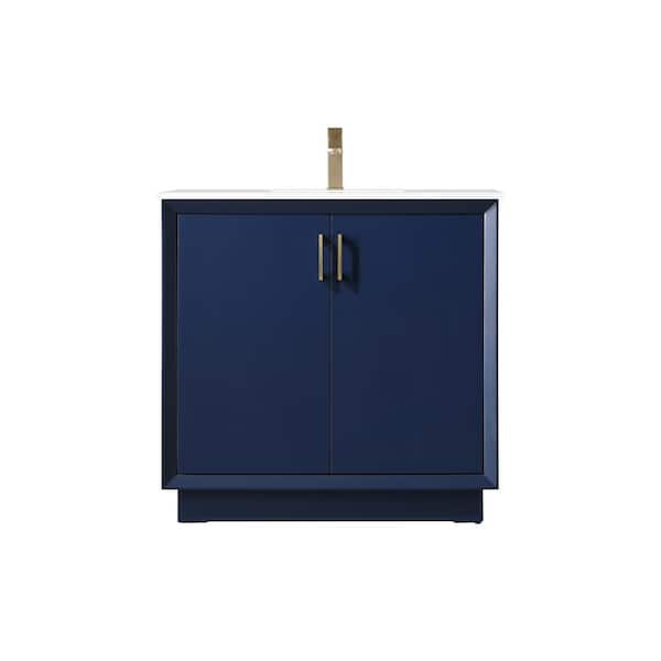 36 in. W x 22 in. D x 35 in. H Bath Vanity in Blue with Calacatta White Engineered Marble Top