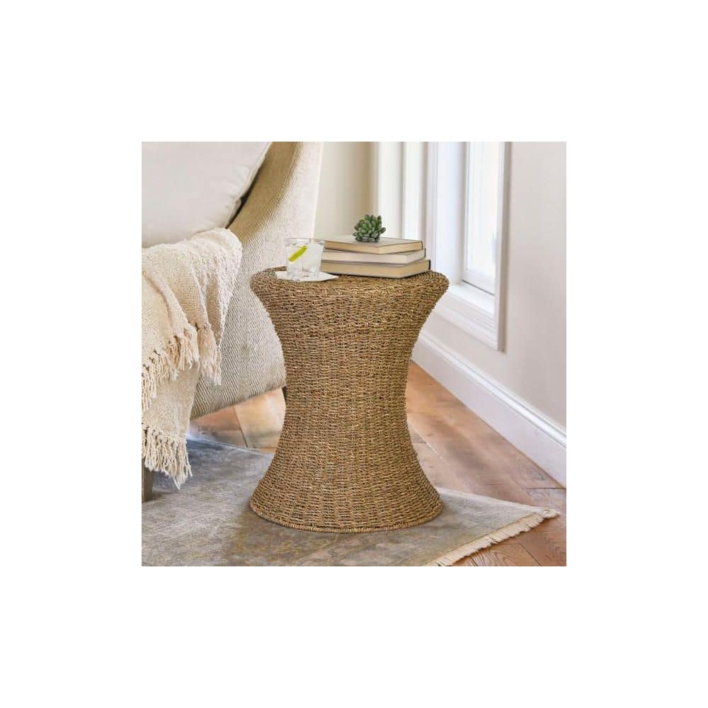 Handwoven Natural Seagrass Hourglass Wicker Stool, 18" Round