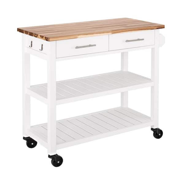 Acacia Wood Top Rolling Kitchen Cart Island Table with Drawers, 38.4 in. W x 18.5 in. D x 35.75 in. H