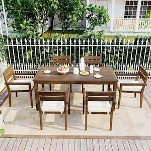 Brown 7-Piece Wood Outdoor Dining Set with Beige Cushion
