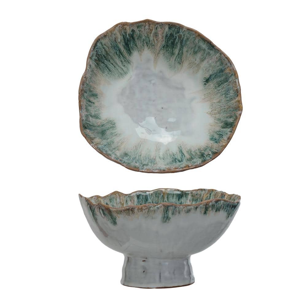 Green and Brown Stoneware Serving Bowl with Stand