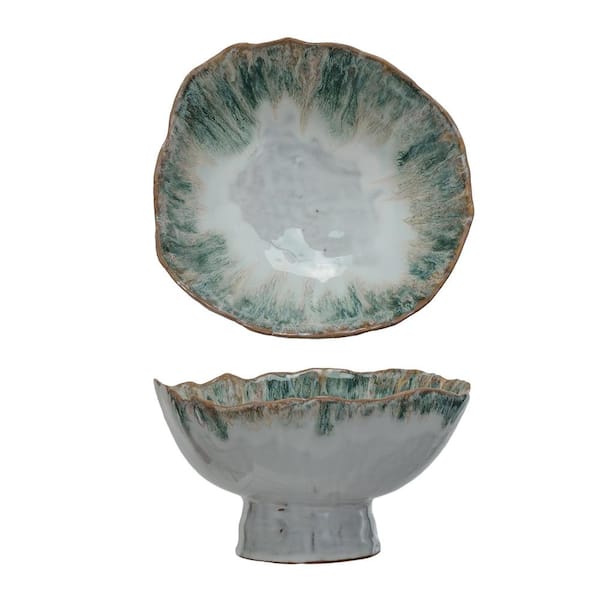 9 in. 60.9 fl. oz. Green and Brown Large Stoneware Footed Serving Bowl
