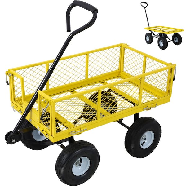 GAWEZA 3 cu. ft. Steel Garden Cart with Wheel 500 lb. Utility Cart Wagon with 180° Rotating Handle and Removable Sides, Yellow