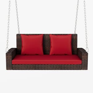 2-Person Wicker Hanging Porch Swing with Chains, Cushion, Pillow, Rattan Swing Garden, (Brown Wicker, Red Cushion)