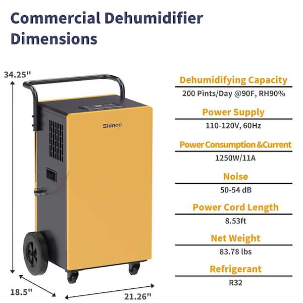 200 pt. 8,000 sq.ft. Bucketless Commercial Dehumidifier in Yellow with Pump, Autom Defrost, Timer, Variable Speed