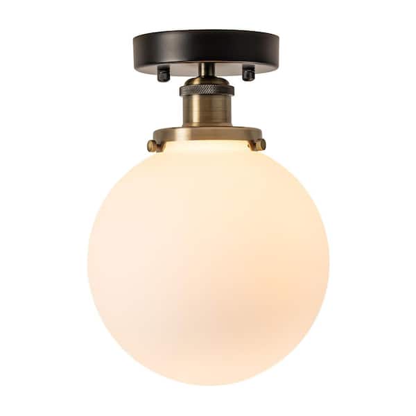 Charmaine 7.87 in. 1-Light Modern Charming Antique Brass with Matte Black Opal Glass Semi-Flush Mount Light