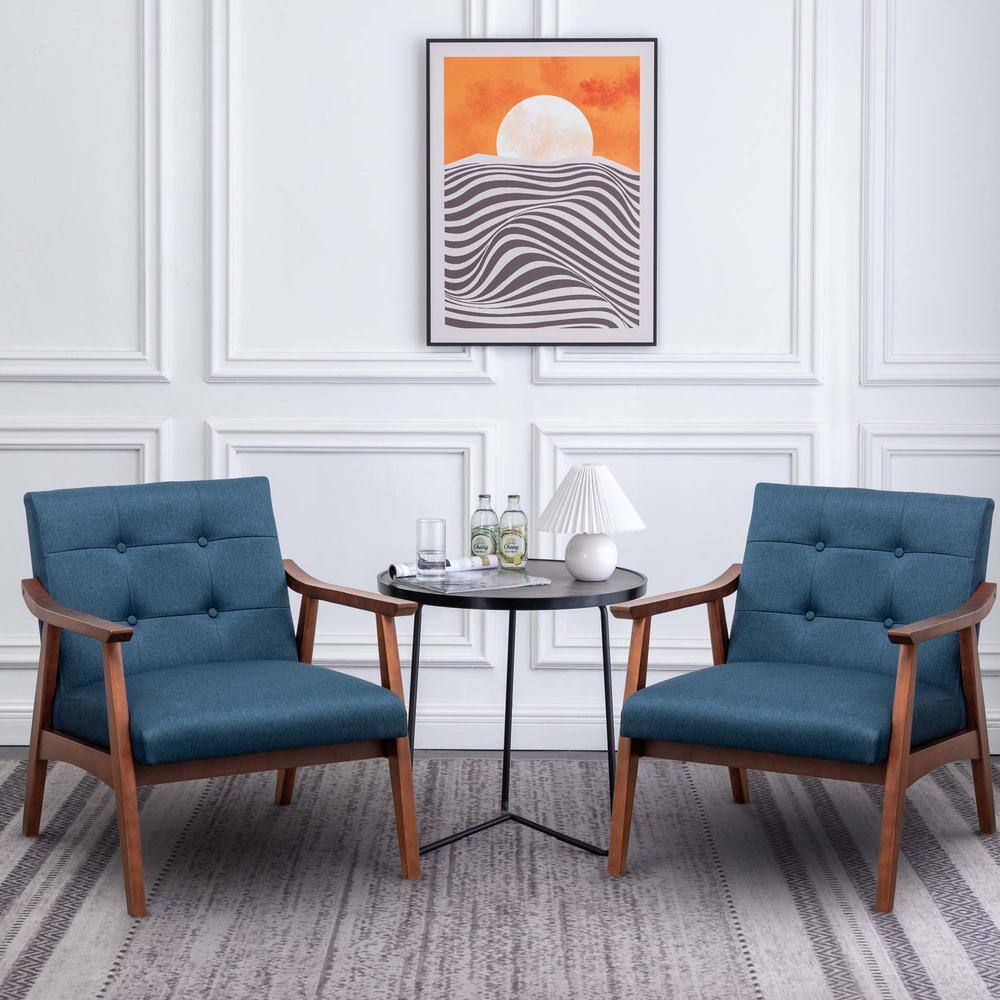 Dark Blue Fabric and Espresso Wood Accent Chair