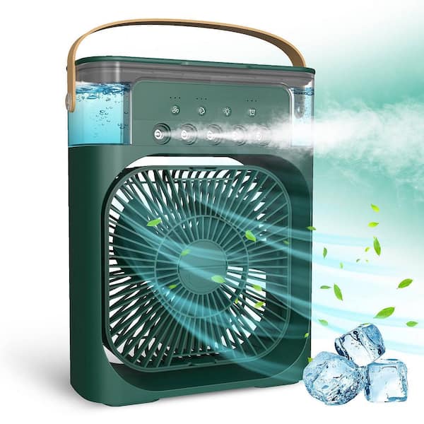 Amucolo 3-Speeds Portable Mini Desk Fan Air Conditioner Fan in Green with 7 Color Lights 5 Jets and Timer