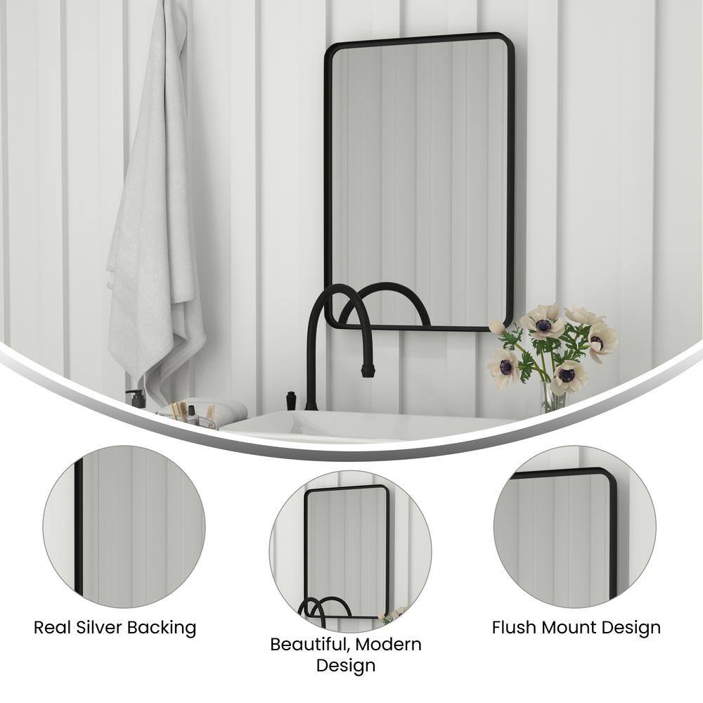 Matte Black Rectangular Wall Mirror with Rounded Corners