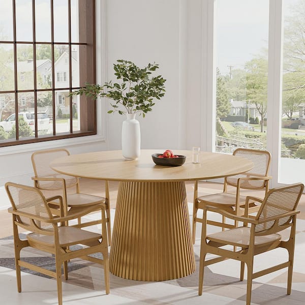 Modern Round Wood Top Natural Wood Color 52 in. Column Pedestal Base Dining Table (Seats-6)