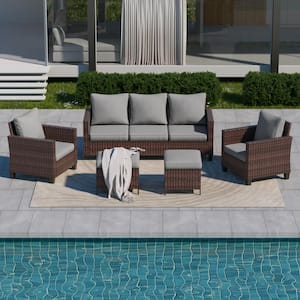 5-Piece Brown Wicker Outdoor Conversation Seating Sofa Set, Linen Grey Cushions with 3-Seater Sofa, Ottomans