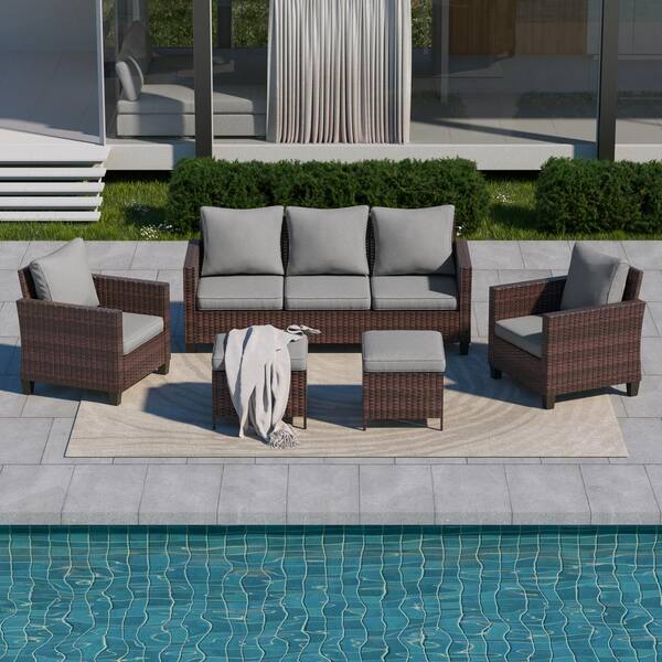 JOYESERY 5-Piece Brown Wicker Outdoor Conversation Seating Sofa Set, Linen Grey Cushions with 3-Seater Sofa, Ottomans