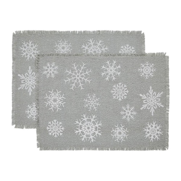 Yuletide 19 in. W. x 13 in. H Gray Snowflake Cotton Burlap Placemat Set of 2