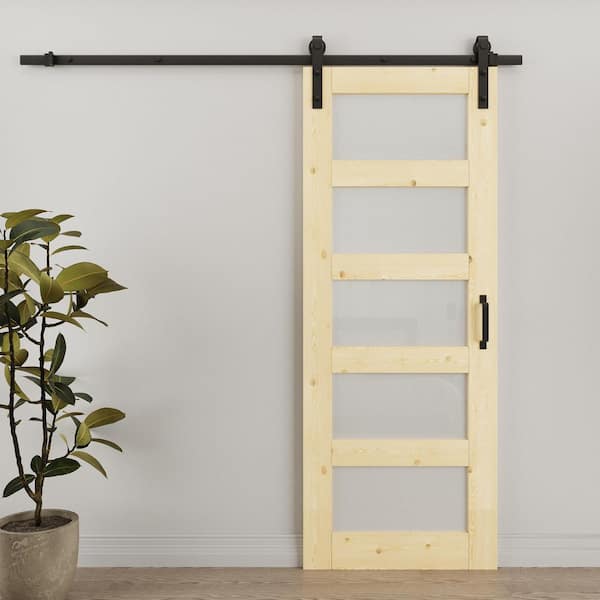 30 in. x 80 in. 5-Lite Frosted Glass Unfinished Glass Sliding Barn Door with Hardware Kit