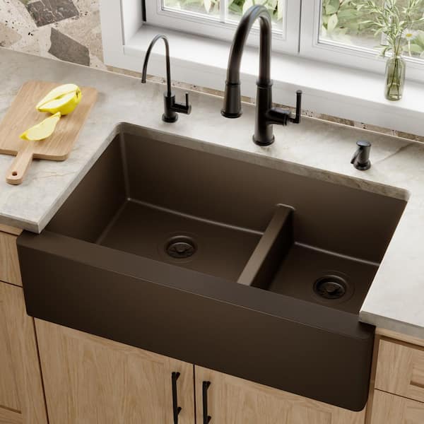 Farmhouse/Apron-Front Quartz/Granite Composite 34 in. Double Offset Bowl Kitchen Sink in Brown