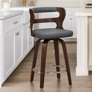 26 in. Gray Faux Leather and Deep Walnut Wood Mid-Century Modern Swivel Counter Height Bar Stool (Set of 1)