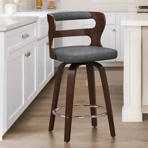 cozyman 26 in. Gray Faux Leather and Deep Walnut Wood Mid-Century Modern Swivel Counter Height Bar Stool (Set of 1)
