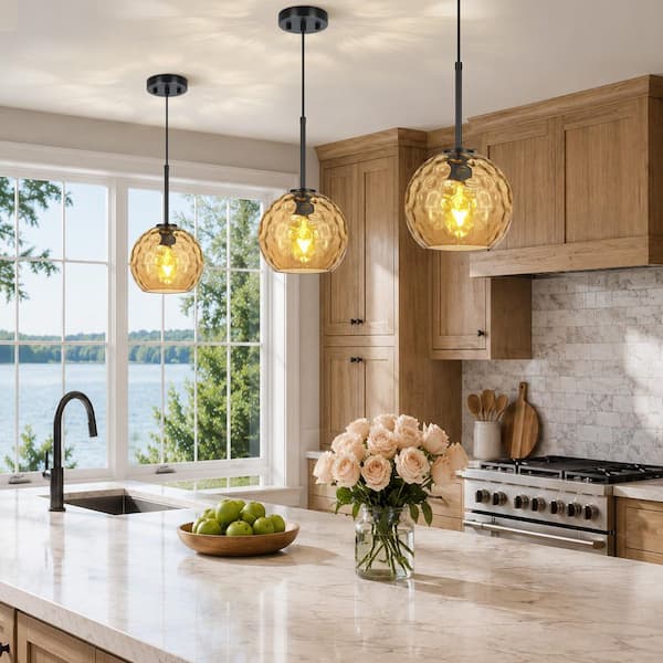RayHome 1-Light Modern Amber Adjustable Pendant Light with Globe Hammered Glass Shade for Kitchen Island Bedroom
