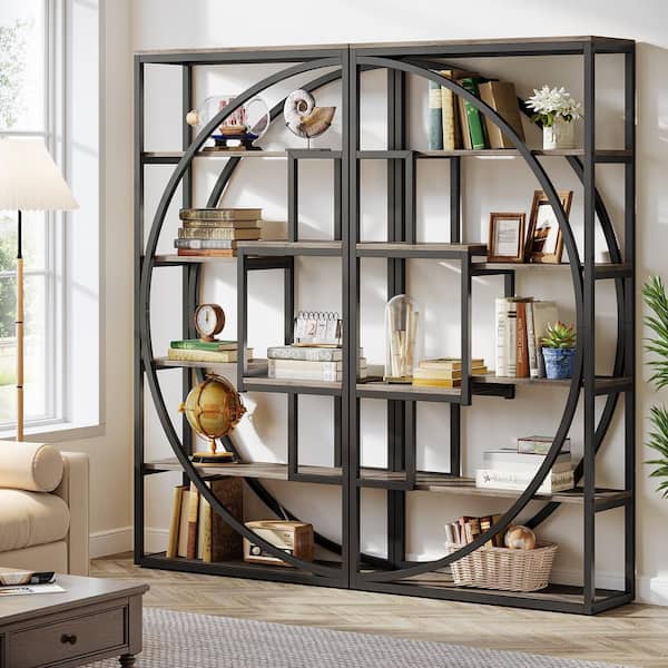 BYBLIGHT Eulas 70 in. Tall Gray and Black Engineered Wood 8-Shelf Etagere Bookcases, Book Shelf Display Tack Shelving Unit
