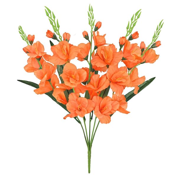 LIVING LUXURY 24 in. Orange Artificial Gladiolus Flower Stem Bush Bouquet (Set of 2