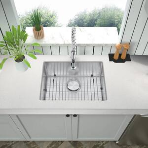 Brushed Nickel 16-Gauge Stainless Steel 23 in. Single Bowl Undermount Kitchen Sink with Faucet, Strainer and Bottom Grid