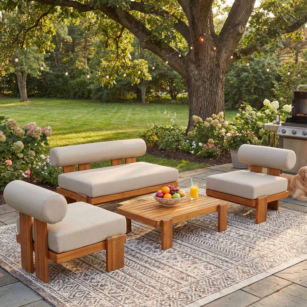 Beryl Teak Finish 4-Piece Outdoor Solid Wood Patio Conversation Set with Light Brown Cushions and Round Back Design price history on PriceWatchPro