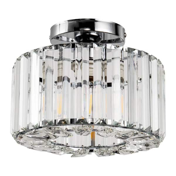 YANSUN 10 in. 1-Light Chrome Modern Semi-Flush Mount with Crystal Shade and No Bulbs Included