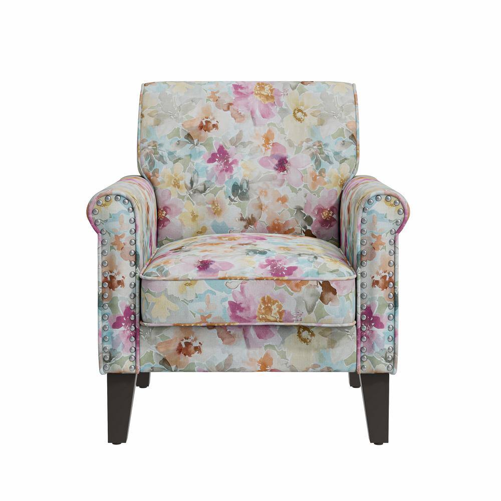 Pastel Pink Floral Rolled Arm Accent Chair with Nailhead Trim