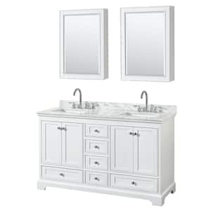 60 in. W x 22 in. D Vanity in White with Marble Vanity Top in Carrara White with White Basins and Medicine Cabinet
