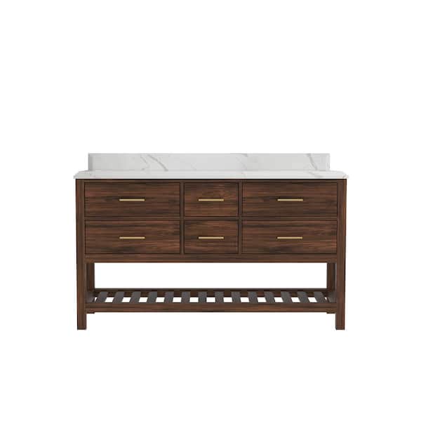 Willow Collections Parket Teak 60 in. W x 22 in. D x36 in. H Double Sink Bath Vanity in Dark Walnut with 1.5 in. Calacatta Laza Quartz Top