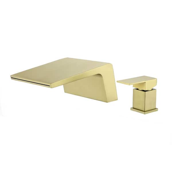 FLG Single-Handle Deck-Mount Roman Tub Faucet Waterfall 2 Holes Modern Brass Bathroom Bathtub Filler in Brushed Gold