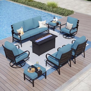 Metal 9 Seat 8-Piece Outdoor Patio Conversation Set with Denim Blue Cushions, Swivel Chairs, Rectangular Fire Pit Table