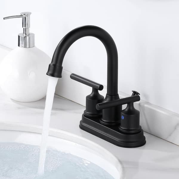 4 in. Centerset Double Handle High Arc Bathroom Faucet with Drain Kit and Supply Lines Included in Matte Black