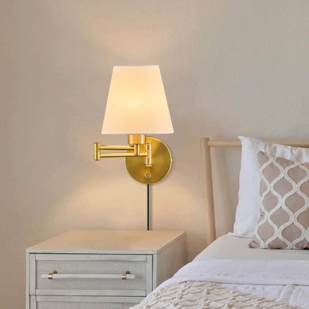 2 Bulbs Light Gold Finish Plug in or Hardwired Wall Lamp with White Fabric Shade and 5.4 in. Cord LED Wall Sconce price history on PriceWatchPro