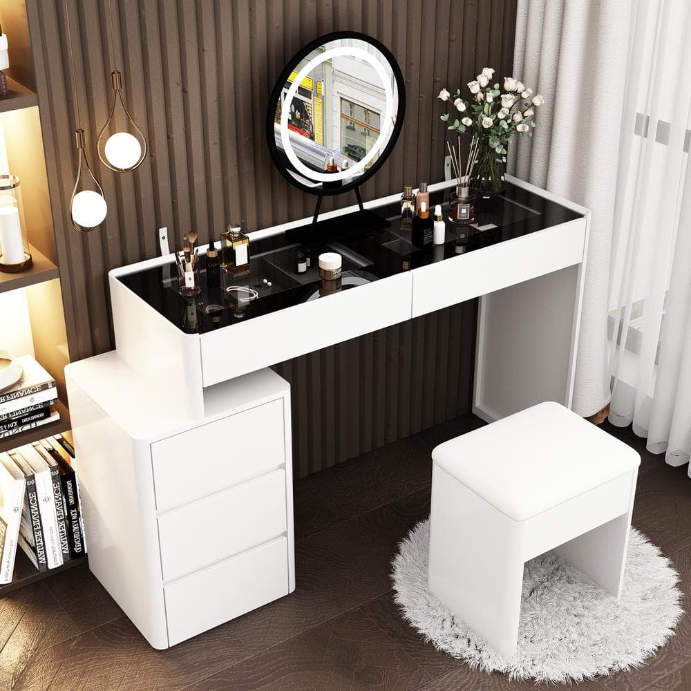 FUFU&GAGA White Modern Makeup Vanity Desk 9 Drawers Wood Dressing Table  With 3 Mirrors, Hidden Storage Shelves, LED Lighted KF210213-01 - The Home  Depot