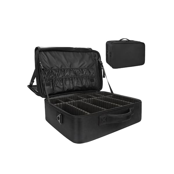 Black Extra Large Makeup Train Case with Adjustable Shoulder Straps, 3-Layer Storage for Cosmetics and Accessories