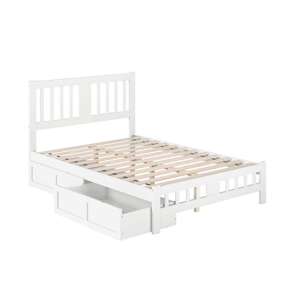 White Full Wood Bed with Headboard and 2 Drawers