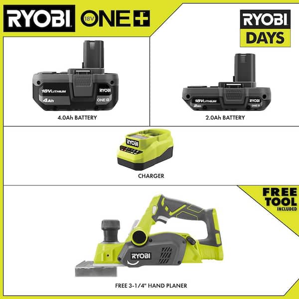 ONE+ 18V Cordless 3-1/4 in. Planer Kit with (1) 2.0 Ah Battery, (1) 4.0 Ah Battery, and Charger