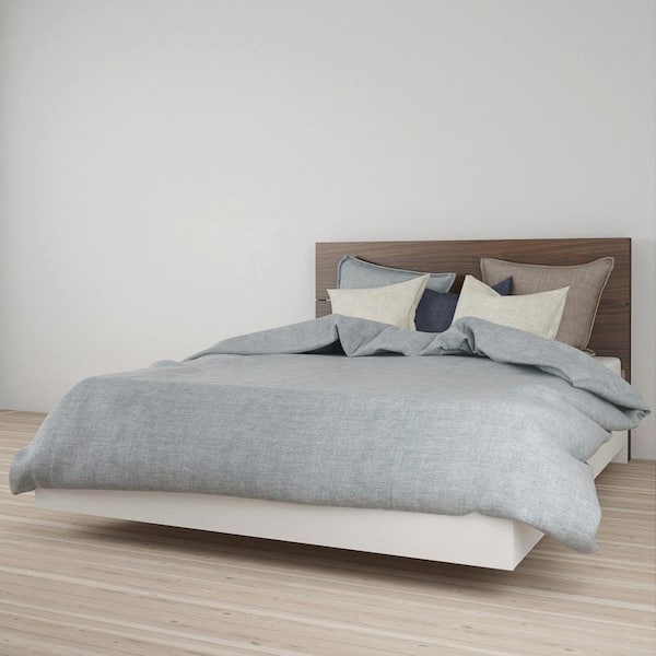 Nexera Celebri-T White and Walnut Queen Size Platform Bed and Plank Effect Headboard