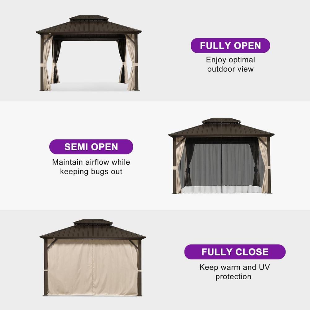 Bronze 12' x 20' Outdoor Hardtop Gazebo with Curtains and Netting