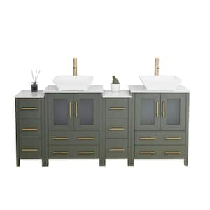 72 in. W Double Basin Vintage Green Bath Vanity with White Engineered Marble Top and Mirror