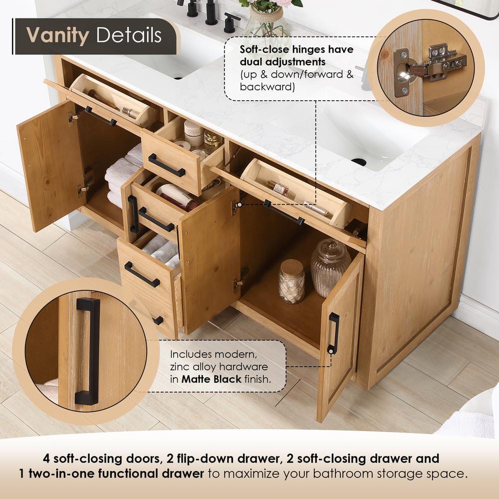 Gavino 60" Light Brown Wood Vanity with Stone Top and Mirror