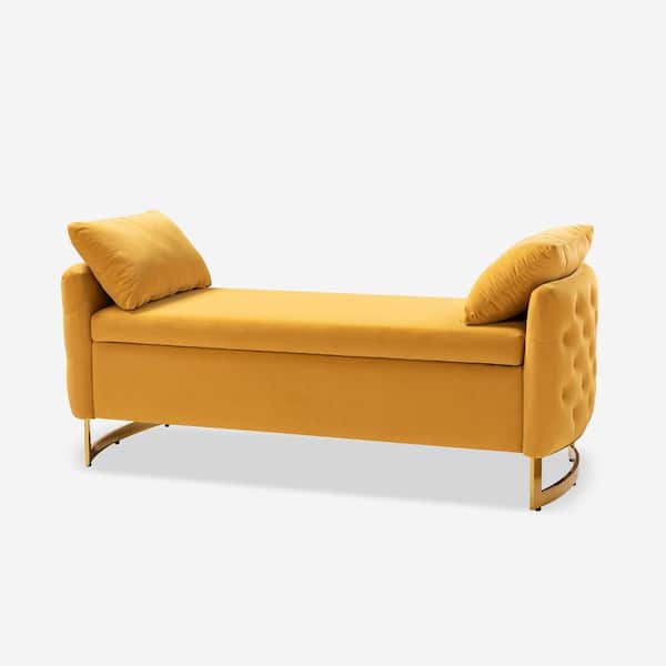 JAYDEN CREATION Andrin Mustard 58.5 in. Upholstered Flip Top Storage Bench With Metal Legs