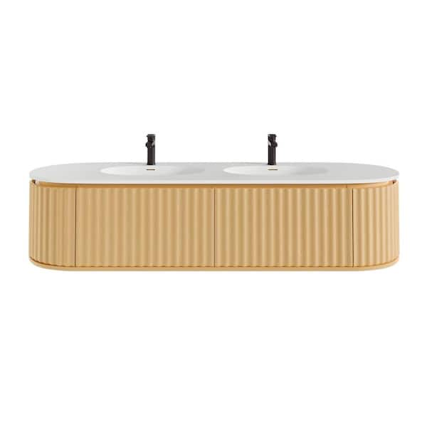 Haven 71 in. Double Sink Floating Natural Oak Bath Vanity with White Solid Surface Top (Assembled)